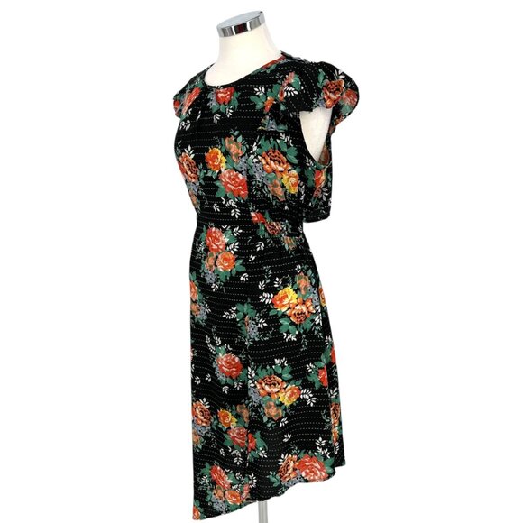 Walter Baker Floral Asymmetric Dress Ruffled Shoulders Black Multi Size Large - Picture 6 of 14